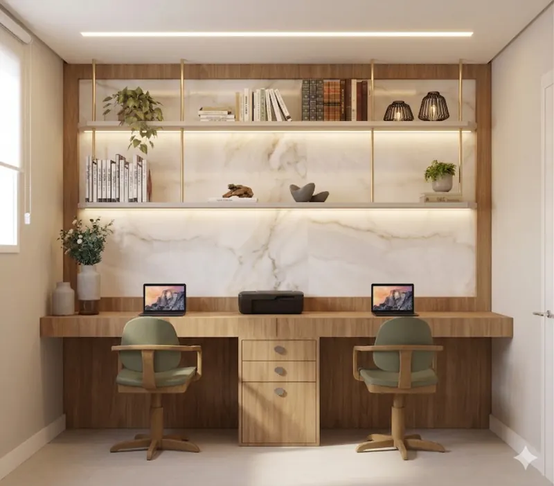 Home office com bancada de madeira para duas pessoas e painel de pedra clara