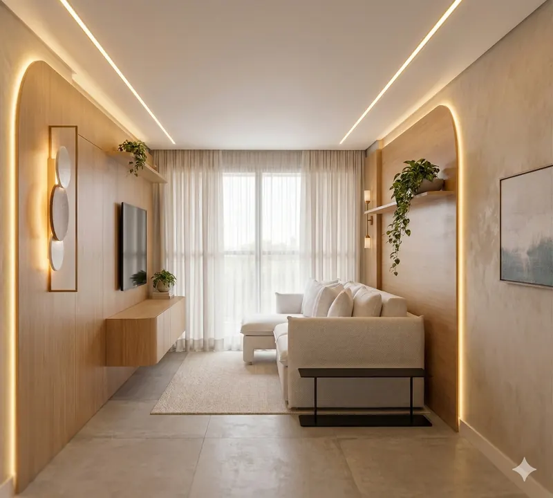 Sala de estar com painéis de madeira clara, sofá bege e iluminação embutida