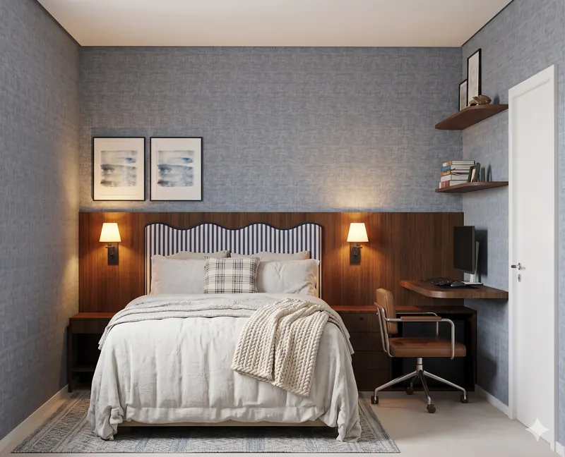 Quarto com cabeceira listrada, painel de madeira e bancada de trabalho
