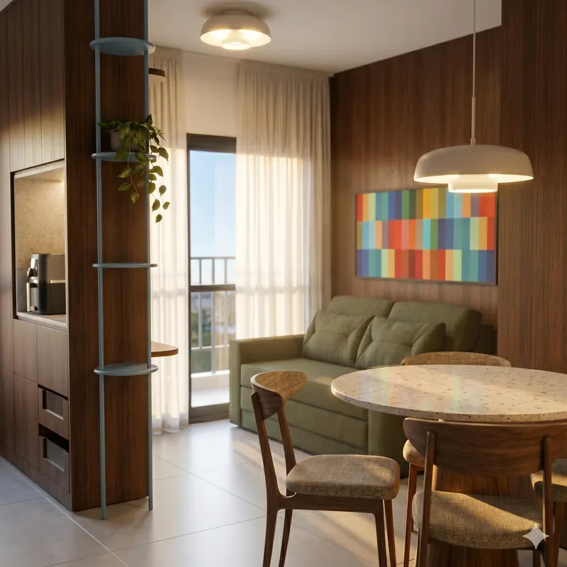 Sala com painel de madeira escura, sofá verde e mesa de jantar redonda