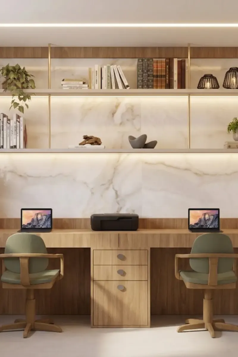 Home office com bancada de madeira para duas pessoas