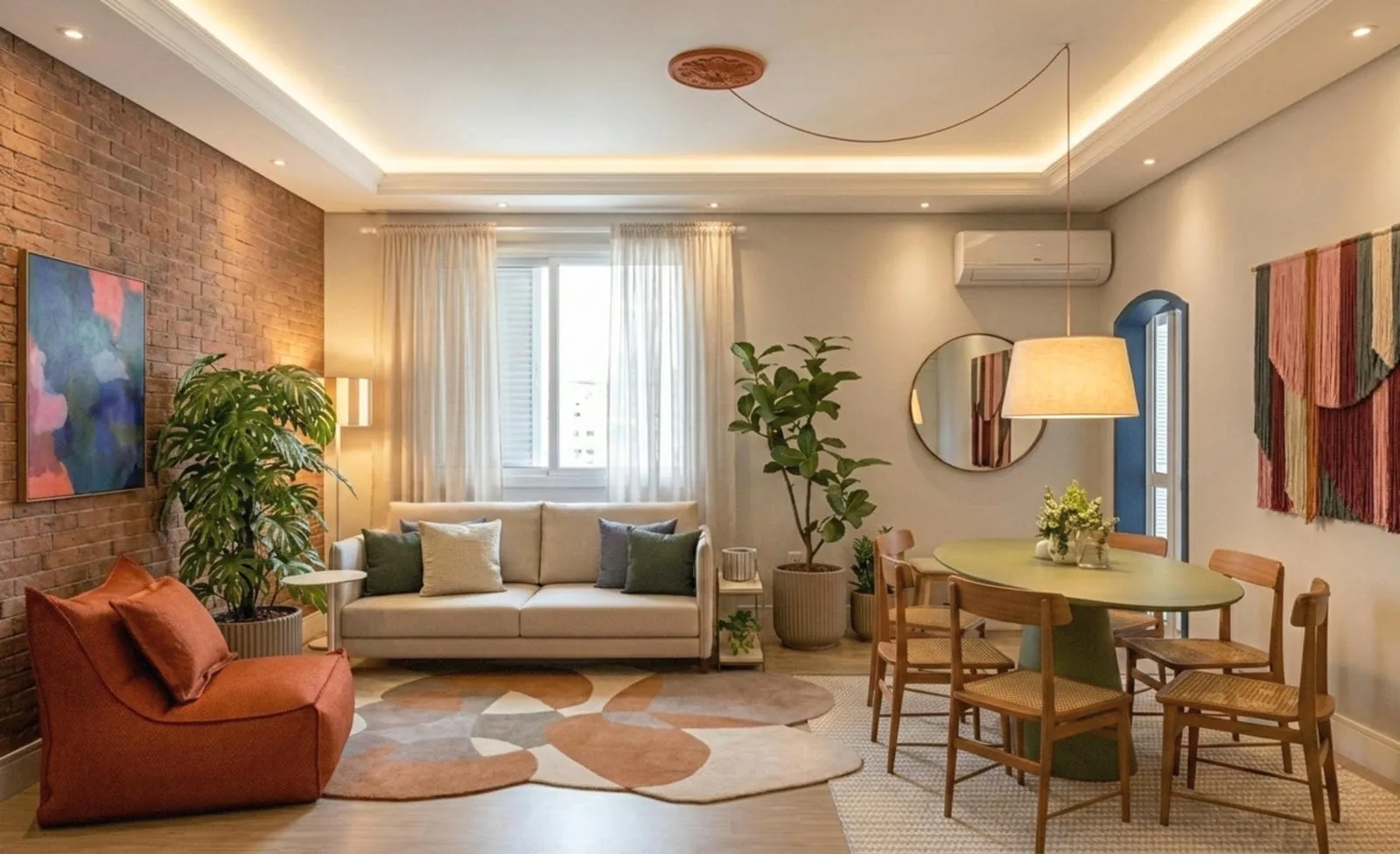 Living do Apê Sunny com parede de tijolos, poltrona laranja, tapete orgânico e mesa de jantar