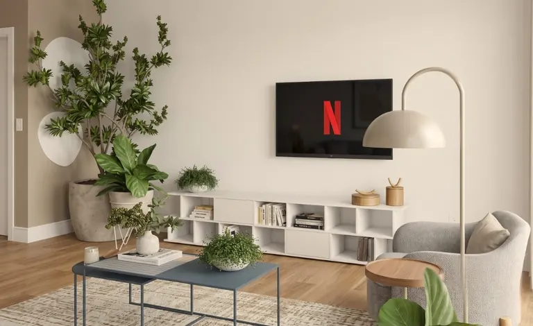Sala da consultoria CRIE Ana com rack branco, mesa de centro azul, luminária de piso e plantas