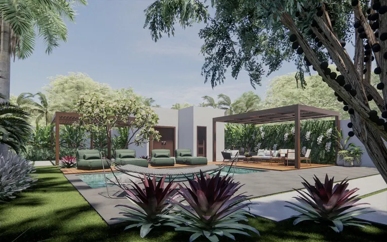 Jardim Brisa Tropical: piscina, pergolados de madeira e canteiros de bromélias