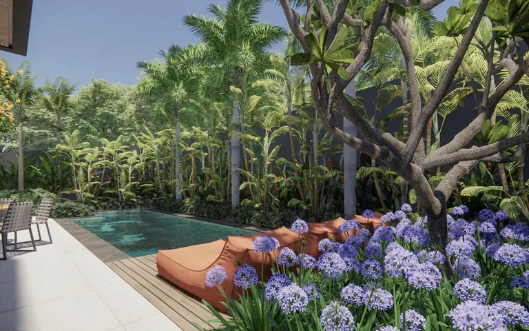 Jardim Recanto: piscina com espreguiçadeiras e agapantos floridos sob palmeiras