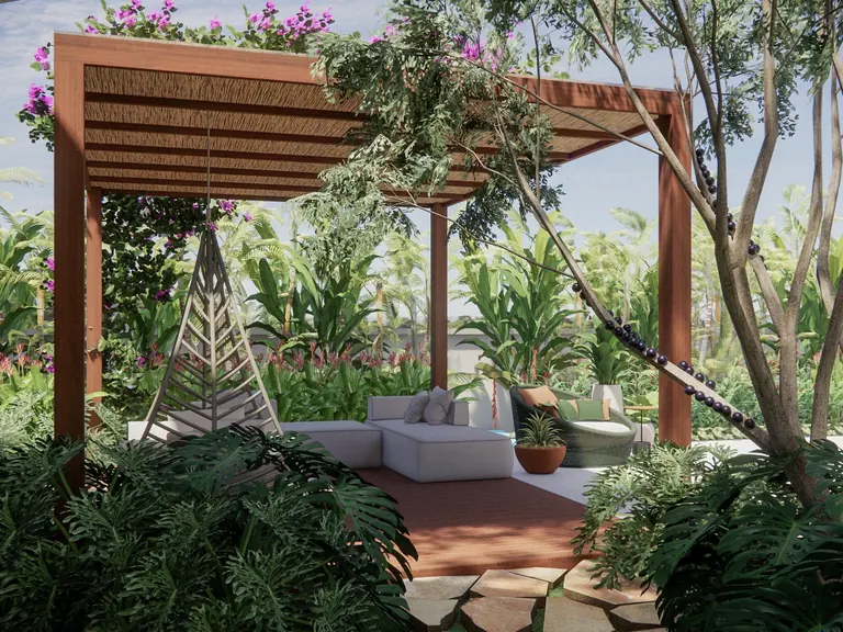 Jardim Encanto Mineiro: pergolado de madeira com rede e sofá entre folhagens tropicais