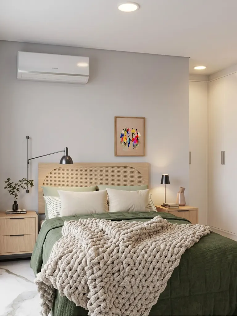 Quarto com cabeceira de palhinha, manta de tricô e quadro colorido