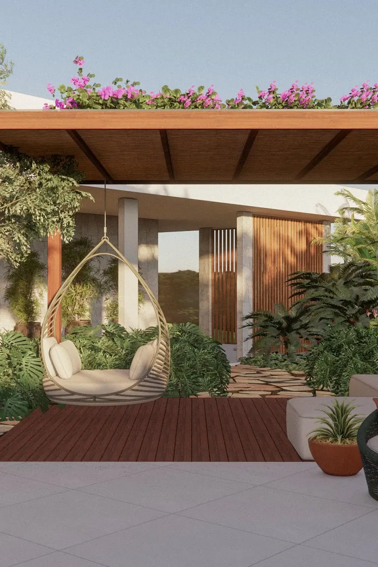 Pergolado de madeira com balanço, daybed e buganvílias