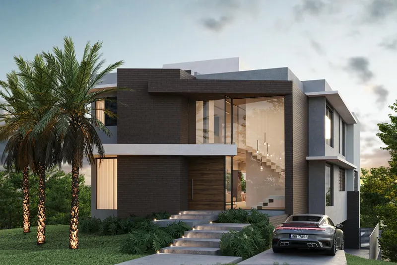 Imagem 3D de casa de dois pavimentos com fachada clara e jardim frontal
