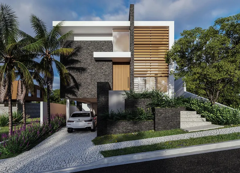 Imagem 3D de fachada com revestimento de pedra escura e painéis de madeira