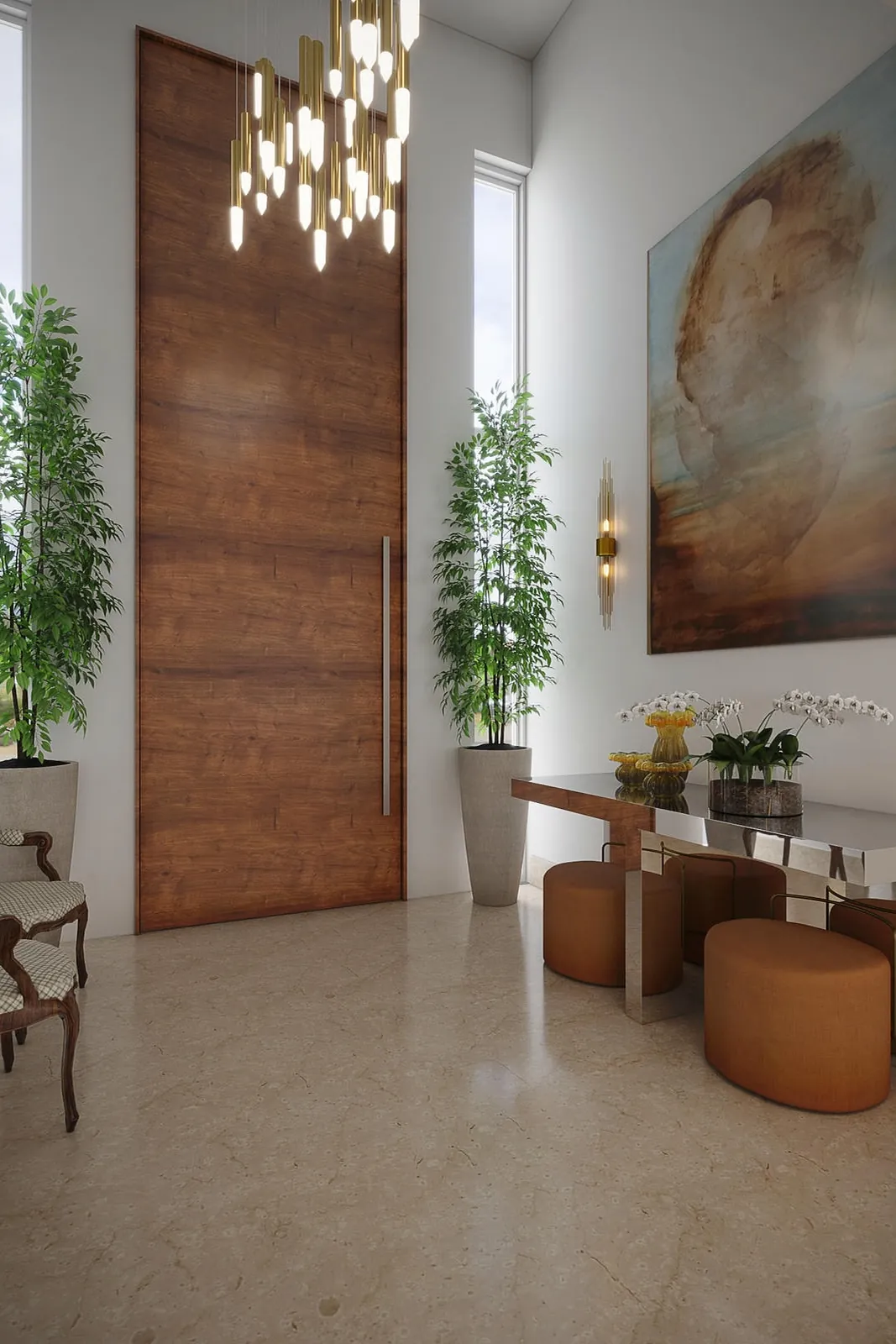 Hall de entrada com painel de madeira, lustre pendente e cadeira clássica