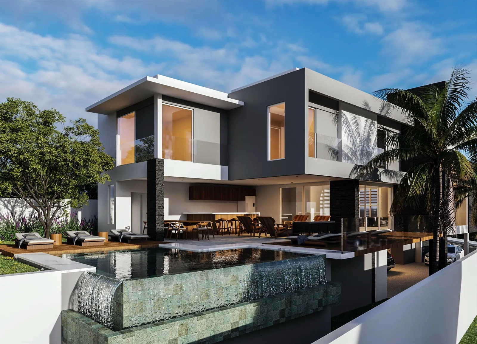 Imagem 3D de casa contemporânea com piscina de borda, deck e varanda integrada
