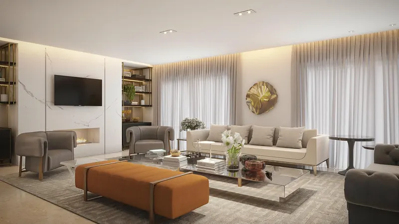 Living com marcenaria clara, cortinas longas e mesa de centro laranja
