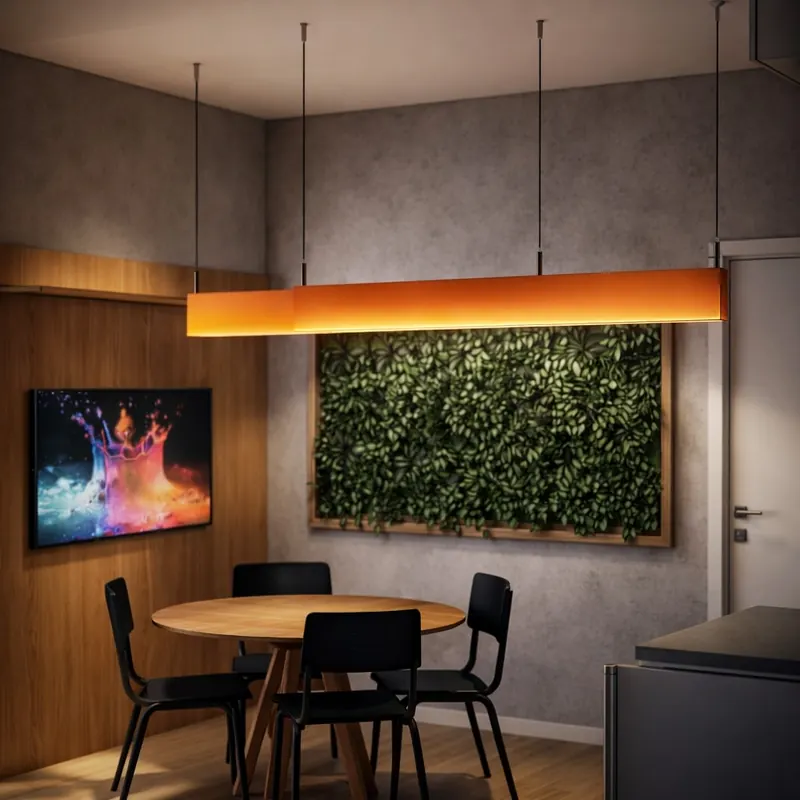 Sala de reunião com painel de madeira, jardim vertical e luminária laranja