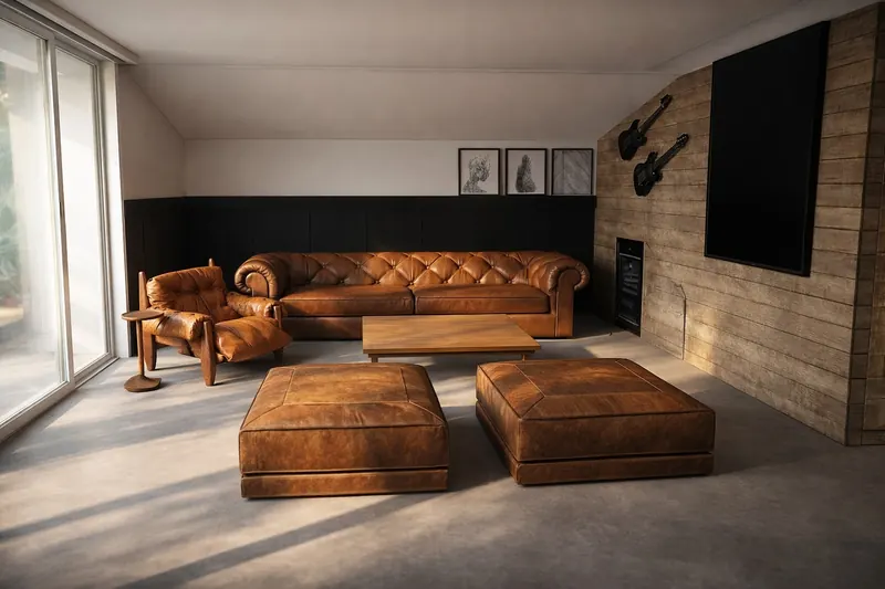 Sala com sofá capitonê de couro, pufes e painel de madeira