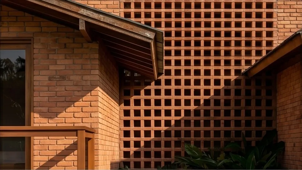 Detalhe de fachada em tijolo aparente e cobogó, com o encontro entre a alvenaria, o beiral de madeira e o rufo metálico