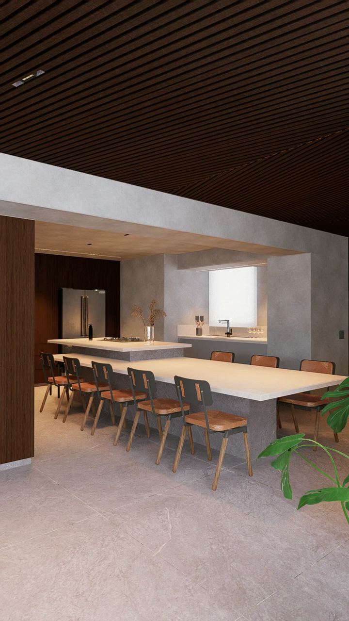 Imagem 3D do Apartamento Tumiarú: cozinha integrada com mesa longa, forro de madeira ripada e estar ao fundo